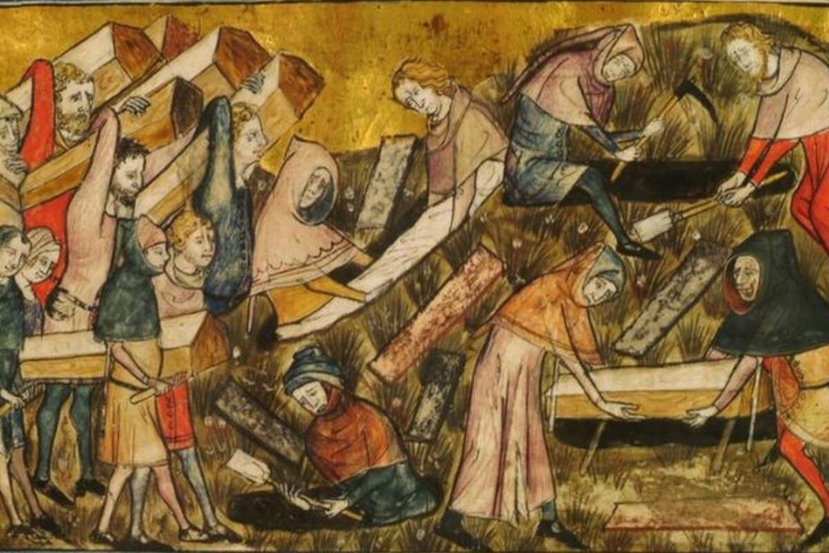 Ciudadanos de Tournai enterrando víctimas de la peste negra. Miniatura de Pierart dou Tielt, c. 1353