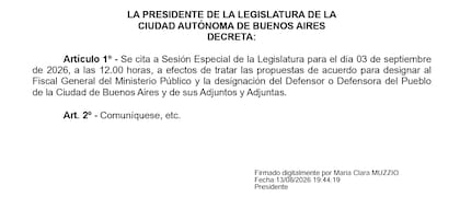 Clara Muzzio, titular de la Legislatura porteña, convocó la sesión especial para el 3 de septiembre para tratar las designaciones de fiscal general, defensor del pueblo y adjuntos