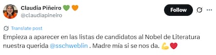 Claudia Piñeiro felicitó a Samanta Schweblin por su posible nominación (X: @claudiapineiro)