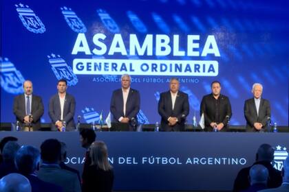 Claudio "Chiqui" Tapia, Pablo Toviggino, Víctor Blanco y otras autoridades en la asamblea general ordinaria de AFA que reeligió al presidente y eliminó los descensos de la Liga Profesional por este año.