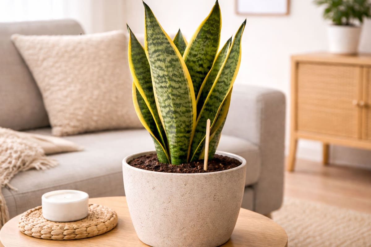 Clavar un palito de madera en la tierra de la lengua de suegra: el truco casero que ayuda a cuidarla (Foto: Imagen ilustrativa con IA)