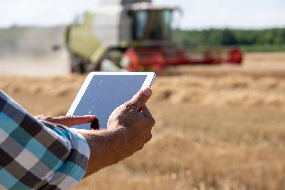 Close up of farmer's hand holding tablet in front of combine harvester working in wheat field