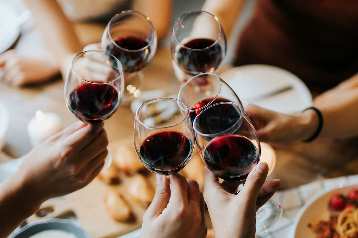 Close up of happy young friends having fun and toasting and celebrating with red wine during part