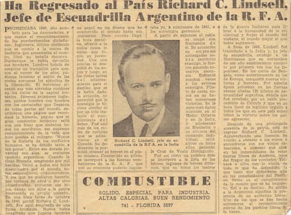 Cobertura del diario La Nación (1944). Regreso a la República Argentina del Jefe de Escuadrilla Ricardo Lindsell, piloto Patoruzú que combatió junto a otros 125 argentinos en el frente de Burma contra las fuerzas imperiales japonesas.