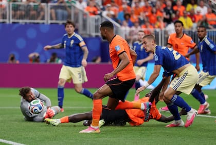 Cody Gakpo resuelve en el segundo palo, luego de que el centro al ras los pasó a todos, y anota el tercero de Países Bajos ante Suecia, por el grupo F