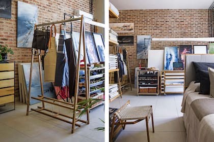 Colgados en el perchero Tangram 2 –livianísimo y desarmable–, delantales y mochila de la línea Textil (Bottega). Atrás, sobre el aparador Mínima, díptico de la serie Cavallero Juventus de Anabella Sapia.