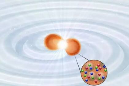 Colisión de dos estrellas de neutrones que muestran las emisiones de ondas electromagnéticas y gravitacionales durante el proceso de fusión. Crédito: TIM DIETRICH