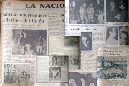 Collage con recortes de tapas e interiores de LA NACION acerca del accidente aéreo donde murió un grupo de bailarines del Teatro Colón, en octubre de 1971