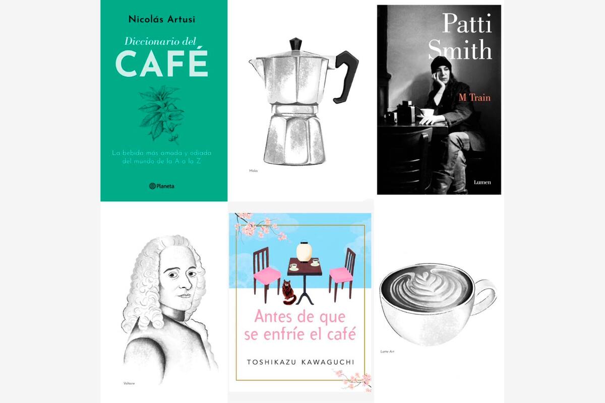 Collage con tapas de libros dedicados al café y sus fieles devotos