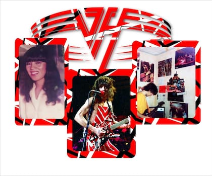 Collage para un buzo que Roberto mandó a hacer con dos fotos que intercambiaron de novios, más Van Halen.