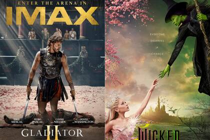 Combinación de imágenes de las películas "Gladiator II" y "Wicked". (Paramount/Universal Pictures vía AP)