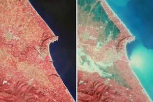 (COMBO) Esta combinación de imágenes distribuidas por Planet Labs PBC el 31 de octubre de 2024 muestra imágenes satelitales que representan la ciudad de Sueca, en la región de Valencia, tomadas el 29 de octubre de 2024 (izq.) y una segunda fotografía de la misma zona (der.) tomada el 30 de octubre de 2024, que muestra inundaciones alrededor de Sueca. (Planet Labs PBC/AFP