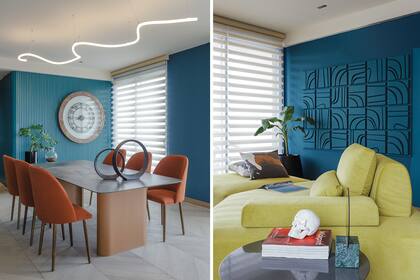 Comedor con revestimiento varillado 'Slim slat' (Patagonia Flooring). Mesa en 'Dekton', sillas 'Malena' (todo, Concepto Design Center) y luminaria 'Led Magic' (Boutique de luz). Chaise longue verde limón (CDI). El mural (der.) es obra de Alejandra Roteta.