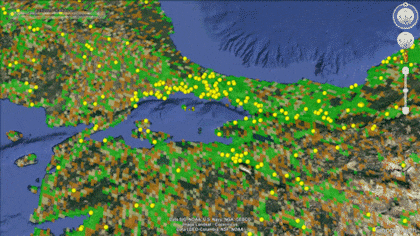 Cómo los celulares Android (representados por puntos verdes que se tiñen de amarillo) detectaron la expansión de un temblor en Turquía en abril de 2025
