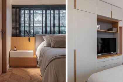 Como mesas de noche, la arquitecta diseñó dos módulos que repiten los materiales del ambiente. Ropa de cama (Aarhus Estudio), cortinas venecianas (La Déco Privée), piso de madera ‘Chevron Natural’ (Patagonia Flooring). Placard con sector para la TV entelado, madera laqueada en gris y enchapado de roble americano (MTD Arquitectura).