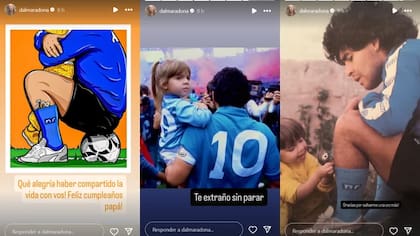 Como no podía ser de otra manera, Dalma Maradona también dijo presente en el día en que Diego cumpliría 65 años y compartió algunas fotos suyas y de su padre cuando ella era tan solo una niña.