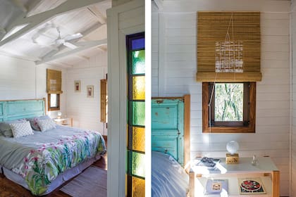 Como respaldo de cama, una larga puerta decapada en turquesa. Almohadones en macramé (Vero Alessandrini para modernmacrame_va) y kilim ‘Outdoor’ (Mihran).