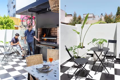 Como se limpian fácilmente, los cerámicos son ideales para el sector de la parrilla que fue diseñada por Rob: tiene una bandeja corrediza que hace de mesada y un techito de hierro y policarbonato.