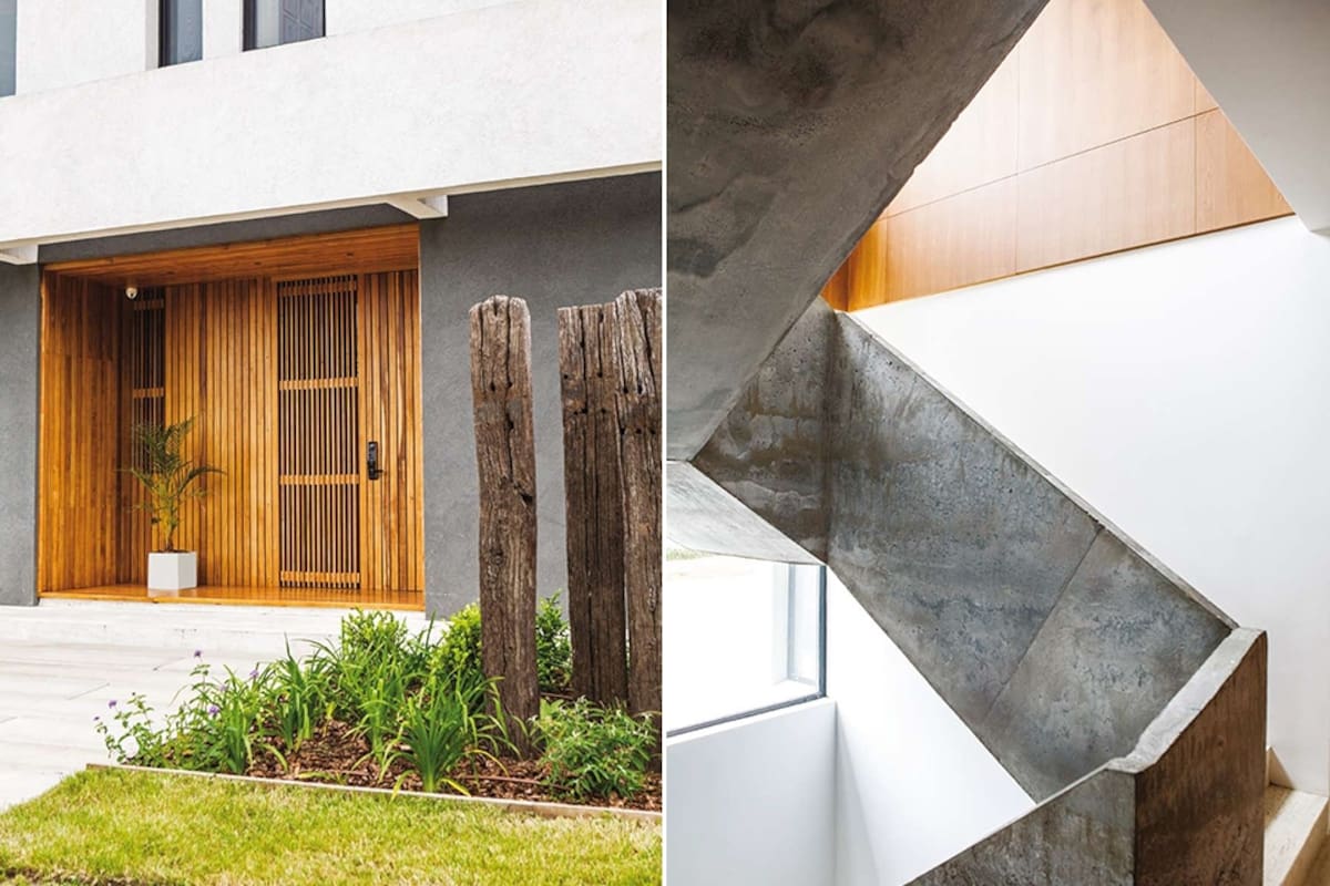 Como una cinta de hormigón, la escalera une los tres niveles de la edificación