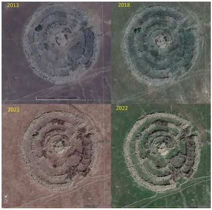 Comparación aérea de Rujm el-Hiri en diferentes años
