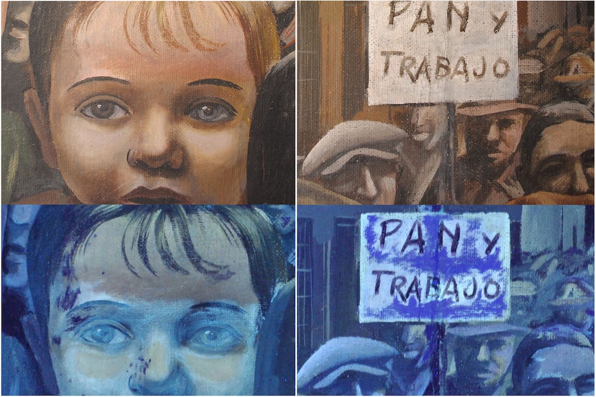 Comparación de detalles de la obra "Manifestación", de Antonio Berni, sometidas a la luz de los rayos UV