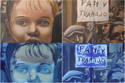 Comparación de detalles de la obra "Manifestación", de Antonio Berni, sometidas a la luz de los rayos UV