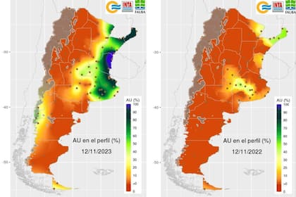 Comparativa de mapas de agua en el perfil en el suelo en porcentaje: 12 de noviembre de 2023 vs. 12 de noviembre de 2022