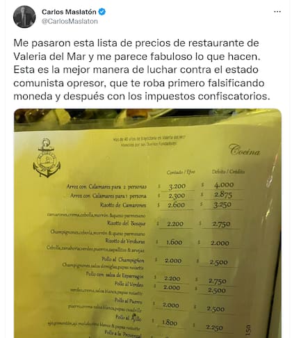 Compartió la carta de precios de un restaurante y desató la polémica en Twitter.