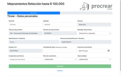 Completar con los datos personales del titular solicitante de un crédito de Procrear