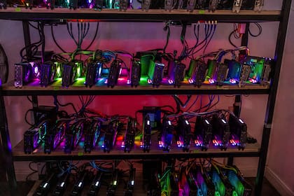 Computadoras en una granja de criptomoneda. Argentina es el país en que más trabajadores eligen recibir parte de su paga en criptodivisas
