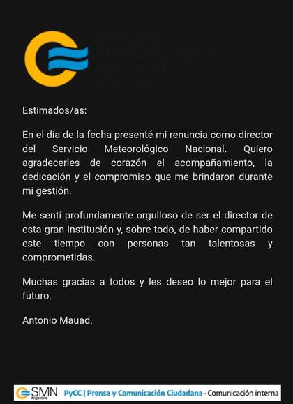 Comunicación de Mauad al personal del SMN