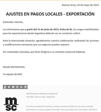 Comunicación de MSC a sus clientes.