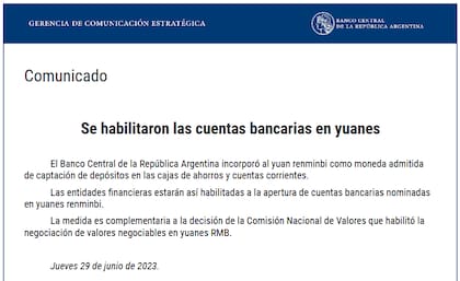 Comunicación del BCRA sobre las cuentas en yuanes