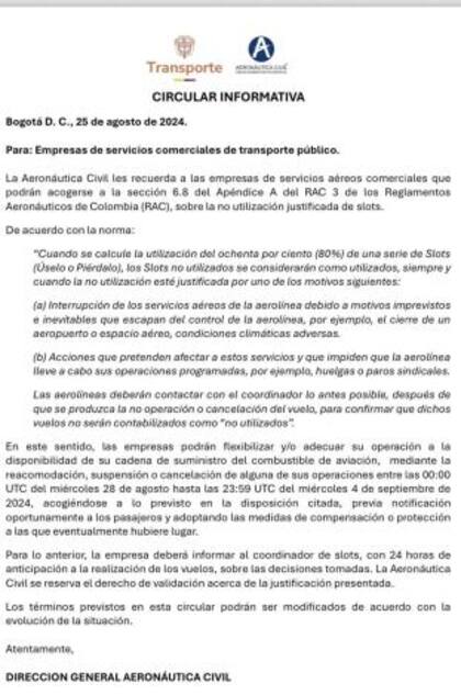 Comunicado Aerocivil sobre escasez de combustible para aviones en Colombia