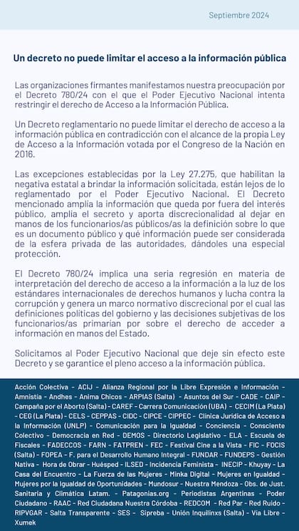 Comunicado contra el decreto que reglamentó la ley de acceso a la información pública