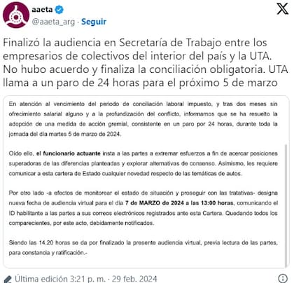 Comunicado de AAETA sobre el paro nacional del próximo 5 de marzo