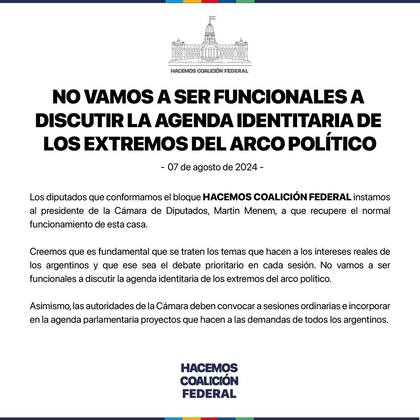 Comunicado de Hacemos Coalición Federal tras no aportar al quorum de la sesión
