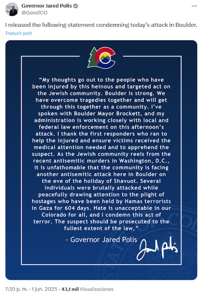 Comunicado de Jared Polis con respecto al incidente
