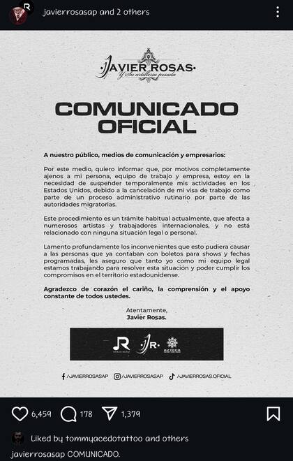 Comunicado de Javier Rosas y su artillería pesada con respecto a la cancelación de sus shows en Estados Unidos. Instagram @javierrosasap, @rosasmusicinc, @aztecarecords