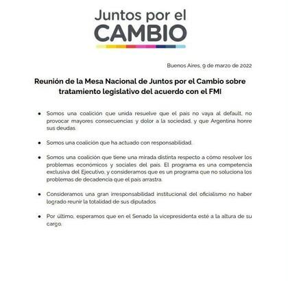Comunicado de Juntos por el Cambio