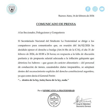 Comunicado de La Fraternidad