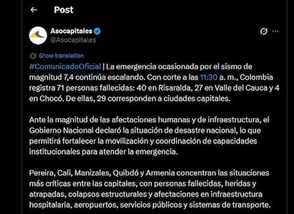 Comunicado de la Asociación de capitales de Colombia