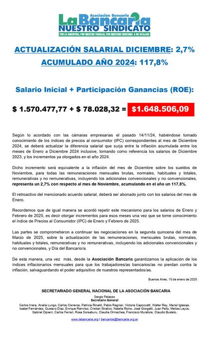 Comunicado de La Bancaria sobre la actualización salarial de enero 2025