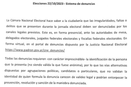 Comunicado de la Cámara Nacional Electoral