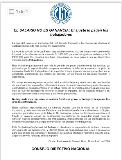 Comunicado de la CGT por la Ley Bases