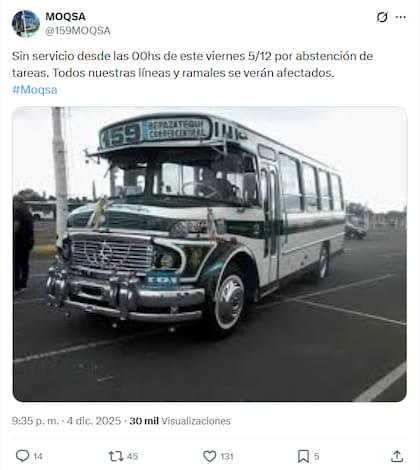 Comunicado de la empresa MOQSA sobre el paro de colectivos de este viernes 5 de diciembre