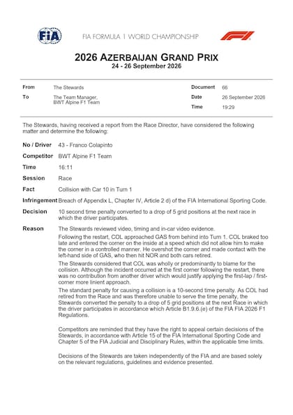 Comunicado de la FIA en el que confirma la sanción a Colapinto por el incidente de Bakú