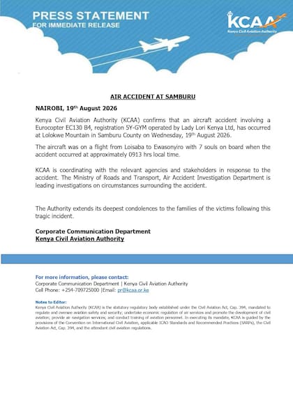 Comunicado de la KCAA sobre el accidente aéreo en Kenia