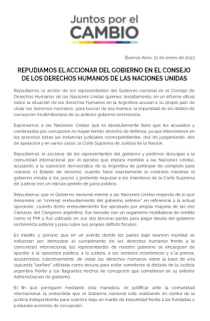 Comunicado de la Mesa Nacional de Juntos por el Cambio por el mensaje que dará el Gobierno en la ONU