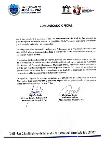 Comunicado de la municipalidad de José C. Paz